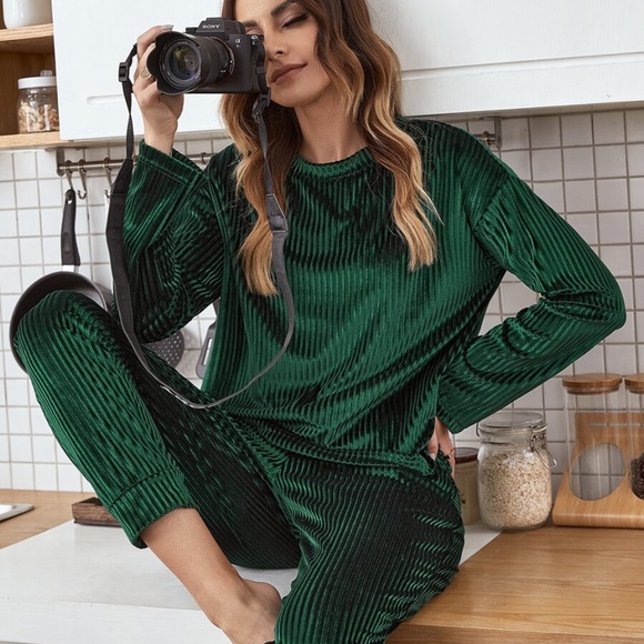 velvet ribbed long sleeve top lounge set pink - Picture 2 of 8